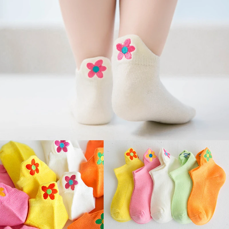 5 Pairs Cotton Girls Socks Cute Cartoon Embroidery Flower/Bear/Dinosaur/Fruit Pattern Comfortable Breathable Kids Socks