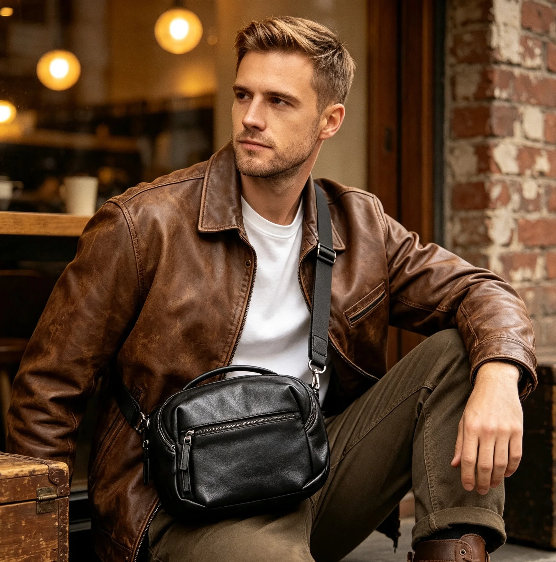 Echte Leder-Umhängetasche für Herren, Casual, Vielseitig, Kameratasche, Oberleder, Modischer Stil – Detail 7