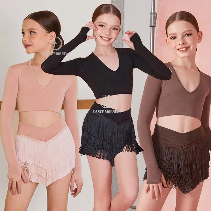 

ZYM Girls Latin Dance Clothes Long Sleeves Tops Fringe Skirt Kids Cha Cha Rumba Samba Dance Practice Wear Training Dress NV21738