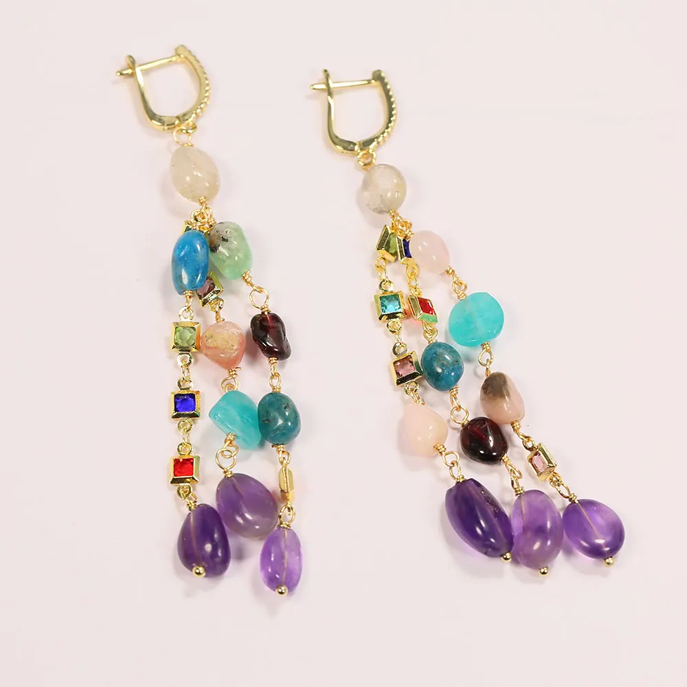 G-G Multi Color Gems Stone Amethyst Nugget Crystal Chain CZ Hook Earrings Holiday Wedding Jewelry Gifts