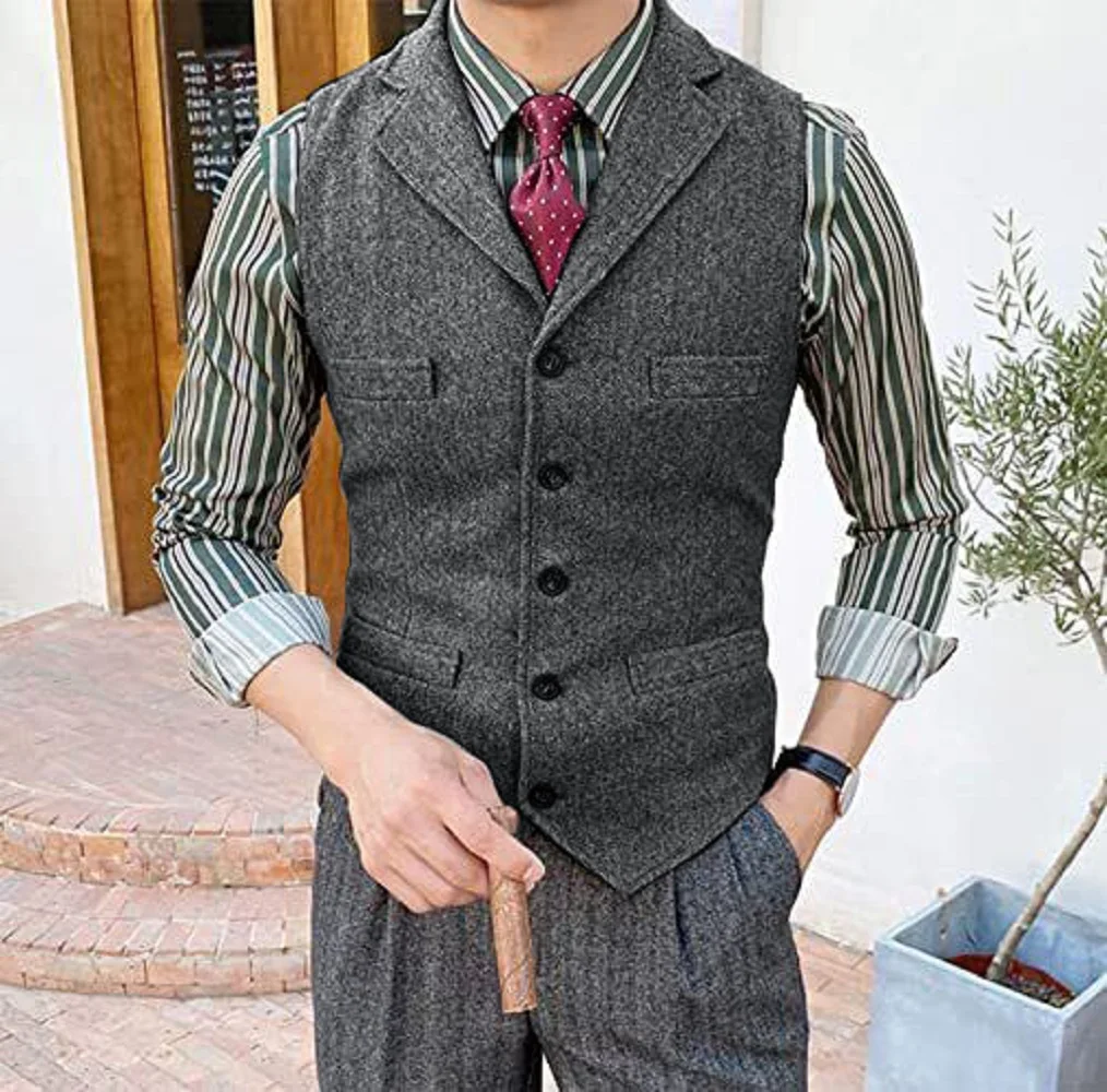 Men's Single Breasted Coarse Tweed Wool Vest Formal Clothes Man Retro Wedding Party Ball Vest Men's Knitted Vests Work Suits