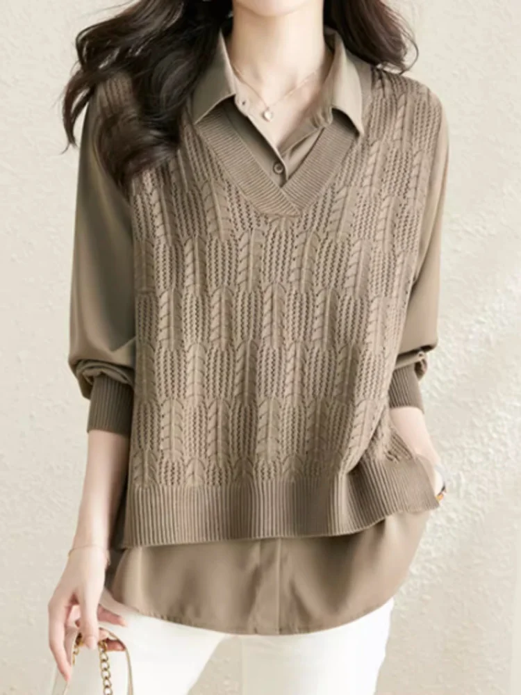 

Women Fake Two Piece Patchwork Knit Shirt Long Sleeve Big Size Loose Vintage Sweater Blusas 2023 Autumn New Tide Top X333