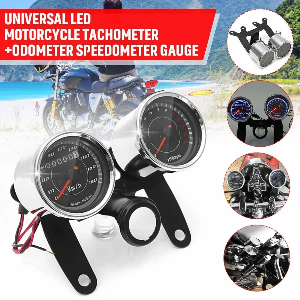 Universal Motorcycle Speedometer Odometer 2in1 speedometer gauge Tachometer and Odometer 0-180km/h 13000RPM LED Backlight