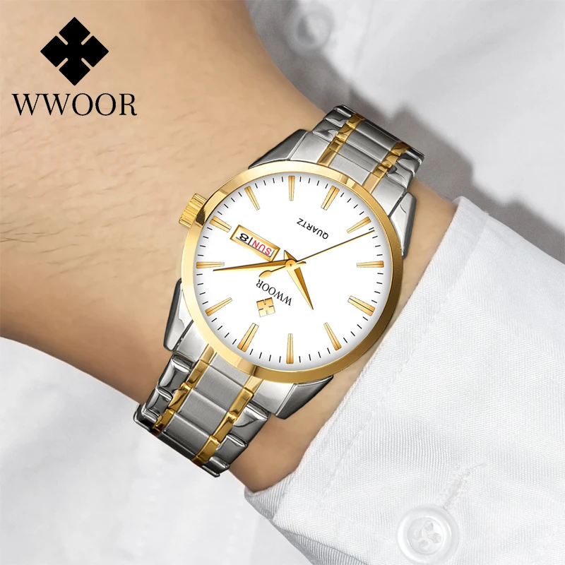 

WWOOR Luxury Mens Watches Stainless Steel Business Watch For Men Waterproof Quartz Wrist Watch Date Clock Gift Relogio Masculino