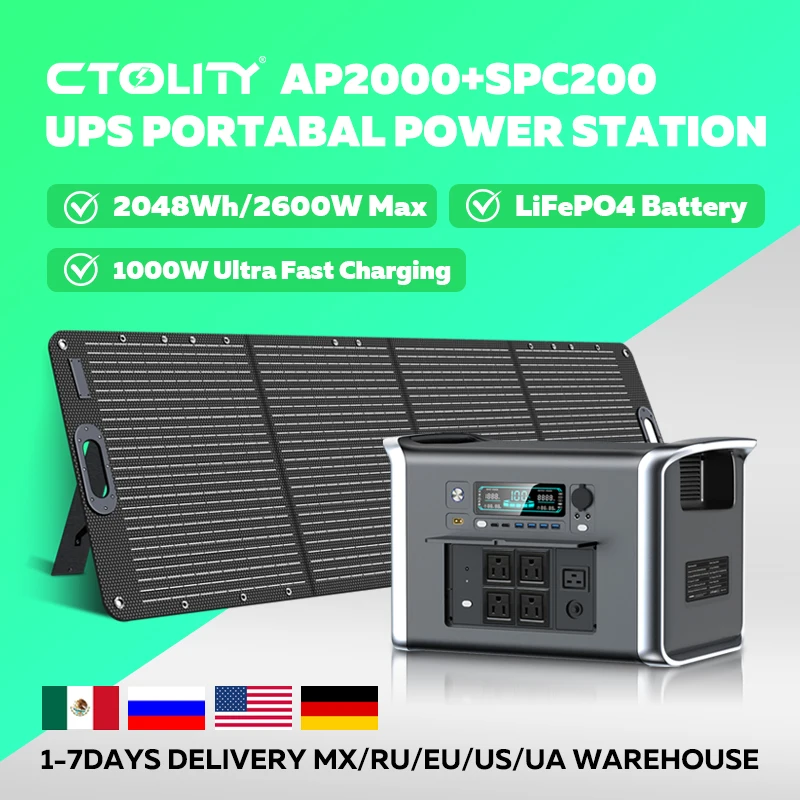 

CTOLITY 2048WH 2400W Портативный солнечный генератор Электростанция 200W ETFE Солнечная панель Lifepo4 Батарея Аварийный источник питания для кемпинга