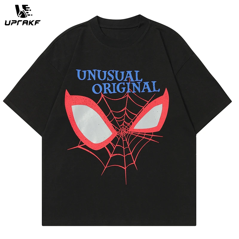 

UPRAKF Spider Web Print T Shirt Oversize Tees Fashion Casual Top Short Sleeve Streetwear Pure Cotton Loose Summer