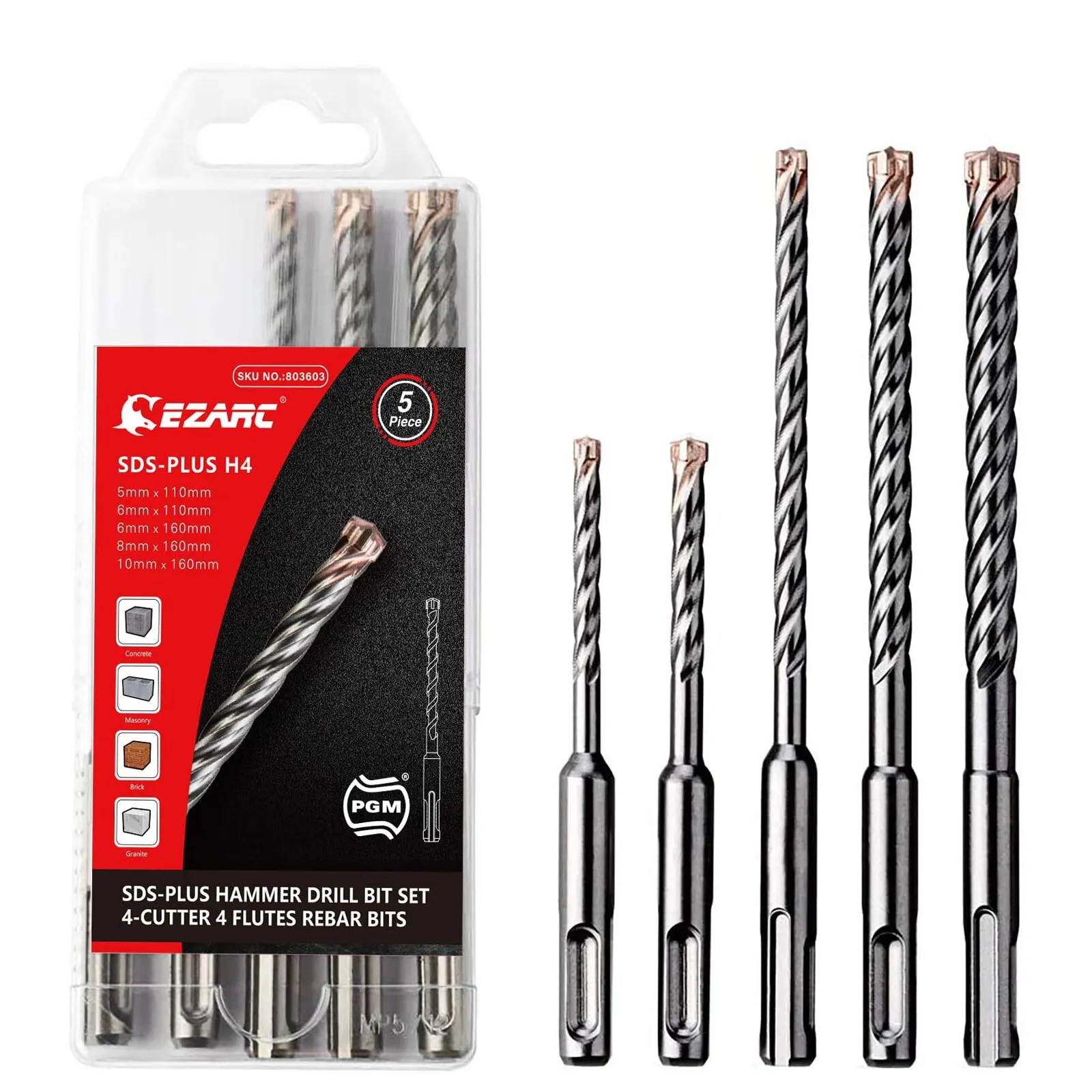 EZARC 5PC 2/4-Cutter Carbide Tips SDS-Plus roterende hamerboor set voor versterkt beton, metselwerk, marmer, baksteen en tegel