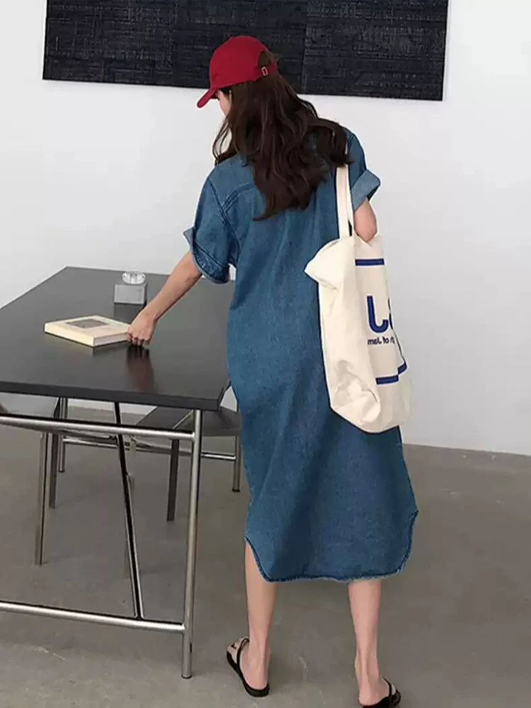 NYFS 2025 فستان صيفي فضفاض مقاس كبير من قماش الدنيم للنساء على الطراز الكوري بأكمام قصيرة فستان طويل رداء Elbise #5