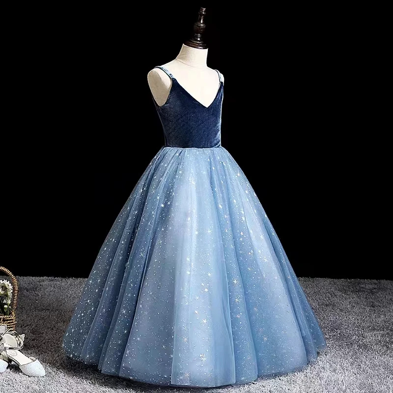 Iridescent Blue Grey Child Flower Girl Dress Tulle Appliques Princess Wedding Party Baptism First Communion Gown Floor Length