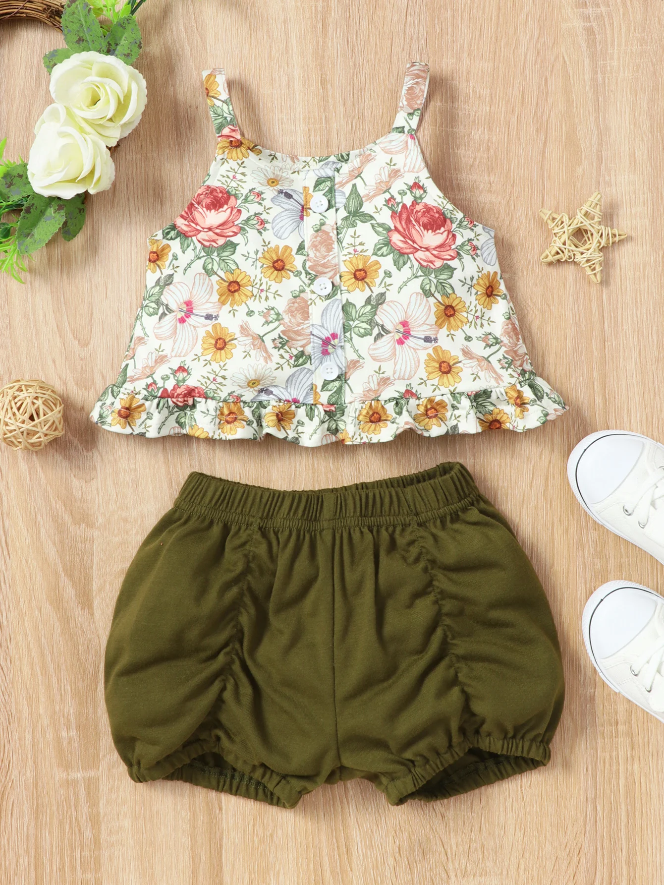 Baby Girl Outfit Summer Cute Flower Print Strap Tops+briefs 2 Pcs Set Loose Comfortable Breathable Infant Baby Sets 0-18M