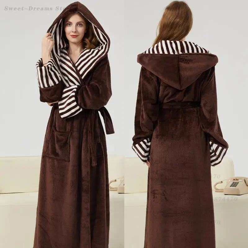

New Female Flannel Long Robe Sleepwear Fashion Hooded Nightgown Thick Warm Bathrobe Kimono Gown Home Dress Sexy Loose Loungewear