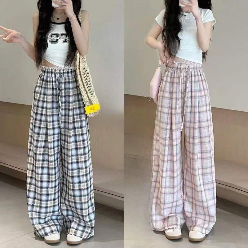 レディース チェック柄 パンツ 高品質 クロップド丈 ミディアム Gトレンド 2025 クラシック XXL 90年代風 ウェア エステティック ワイドレッグパンツ