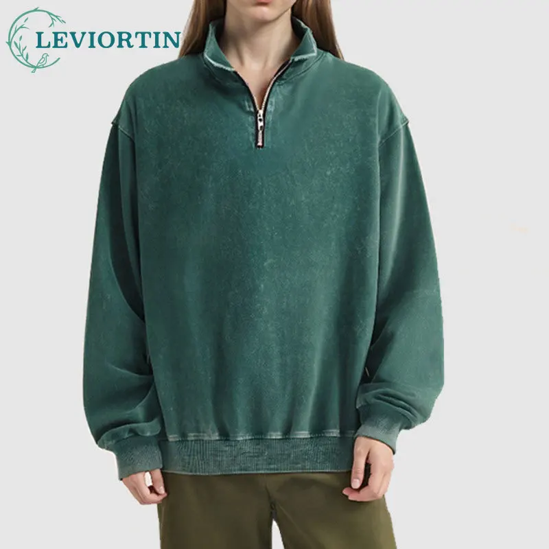 

2025 men's fashion trend brand high-end retro loose jacket American washed retro half zipper design stand up collar sportswear