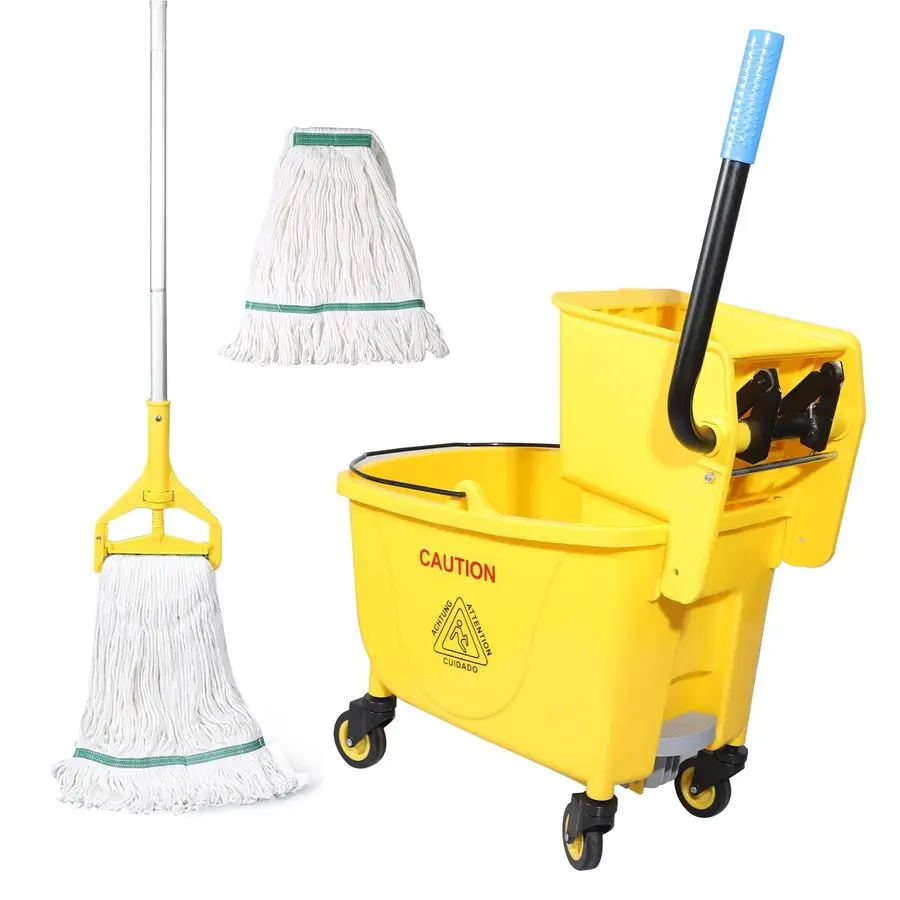 

Комбинированное коммерческое ведро для мытья полов Press Wringer, прямоугольное ведро для швабры на колесах, 35Qt, желтое, добавьте одну швабру и одну сменную головку швабры