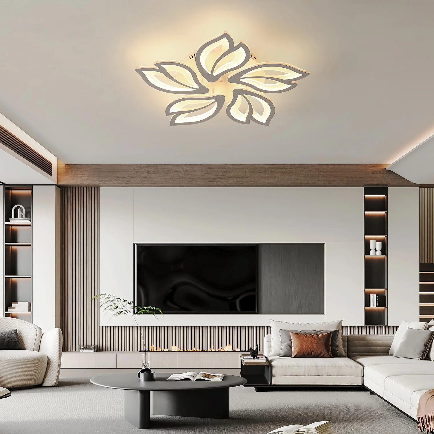LED-Deckenleuchte, 45W Moderne LED-Deckenlampe Dimmbar mit Fernbedienung, Weiße 5-Blüten-Acryl-Deckenleuchte für Wohnzimmer – Detail 4