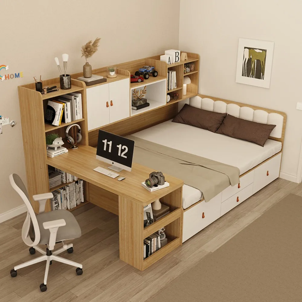 Cama Tatami Ahorradora de Espacio con Escritorio, Cama Baja Moderna con Librero y Almacenamiento, Estructura Individual Multifuncional para Habitación Infantil