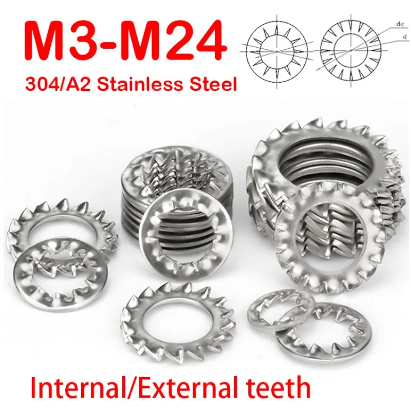 External Internal Toothed Serrated Lock Washer Gasket M3 M4 M5 M6 M8 M10 M12 M14 M16~M24 304 Stainless Steel Non-slip Gasket