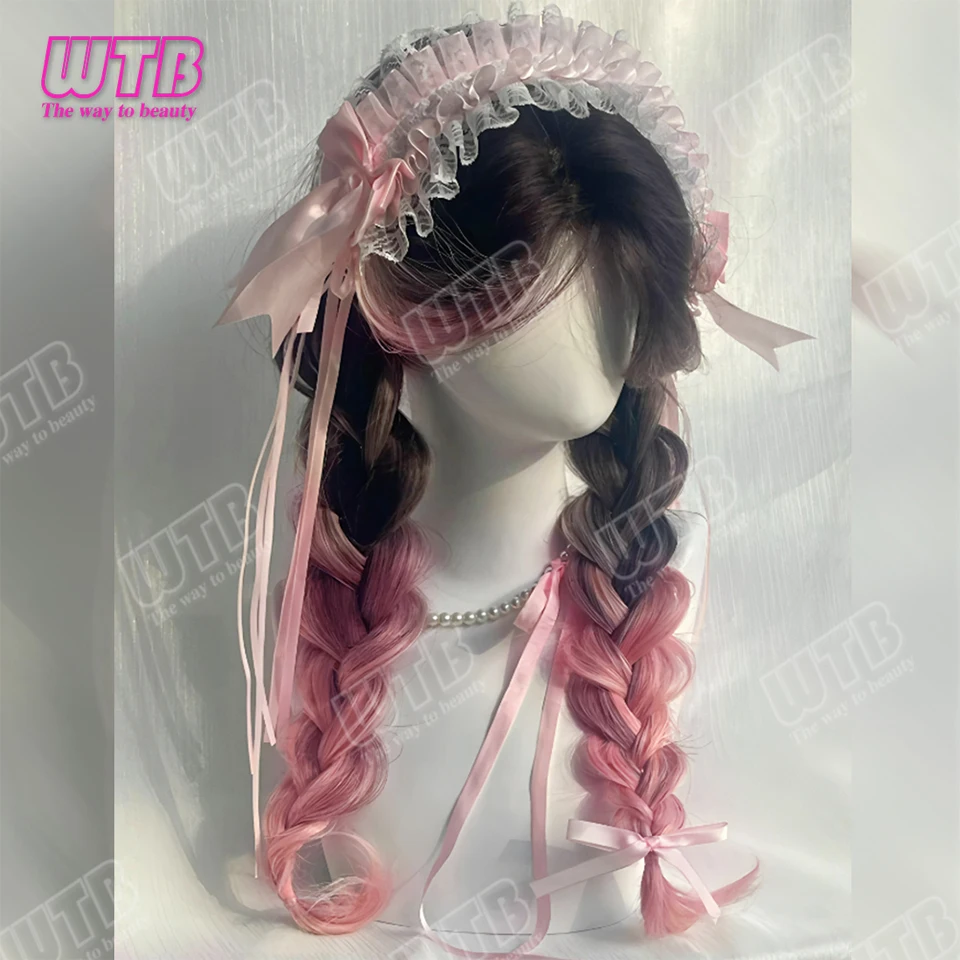 WTB Pink Highlighted Synthetic Wig Long Curly Wig with Lace Front and Bangs Suitable for Women's Holiday Events and Cosplay