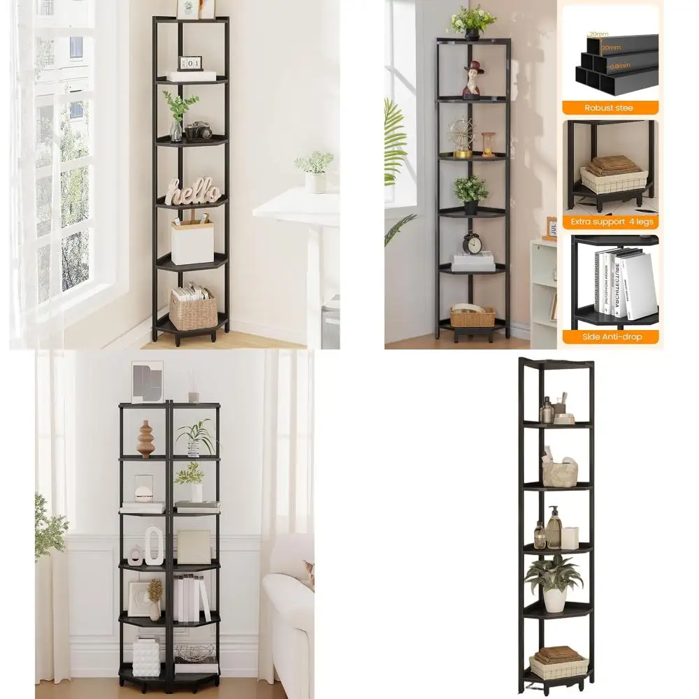 

6-Tier Black Metal Standing Bookshelf for Home Office, Living Room, and Bedroom Storage