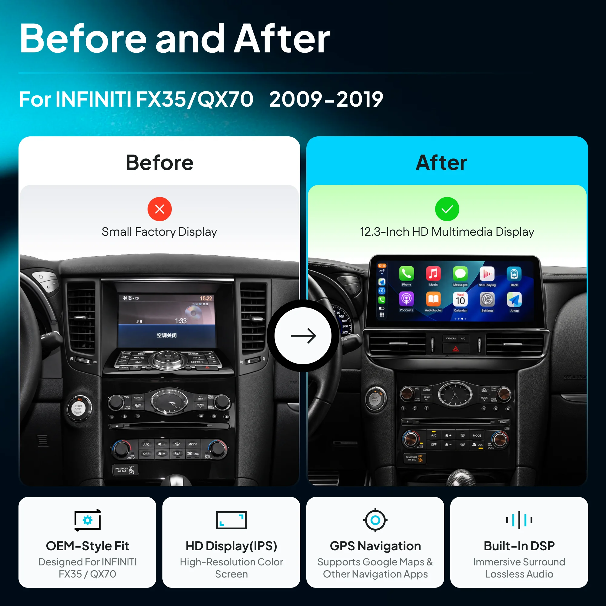 For Infiniti FX35 FX50 QX70 2009-2019 with 12.3'' car multimedia screen CarPlay Android Auto GPS Car Radio Multimedia Stereo