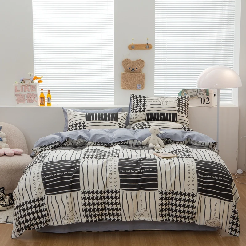 Black and White Striped Duvet Cover Set 3 Piece Pure Cotton Houndstooth Plaid Soft Bedding Geometric Reversible Comforter Covers