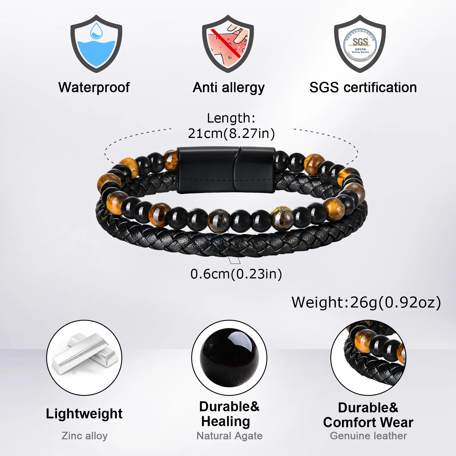 Vnox Mehrschichtiges Geflochtenes Lederarmband für Männer, Tigerauge Lapislazuli Perlen Magnetverschluss Armband Trendiger Männerschmuck Geschenk – Detail 9