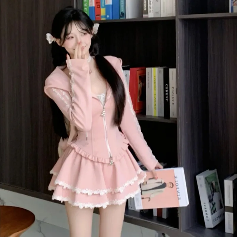 New Pure Desire Wind Sweet Pink Cardigan Women Slim Fall Winter Fashion Hooded Sweater Half-body Skirt Kawaii Two-piece Suit