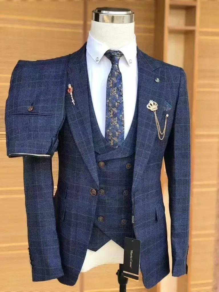 2024 Business Fit Blue Plaid Striped Men\'s Suit 3-piece Best Man Wedding Dress New Men Clothing Suit Men Wedding Suits for Men