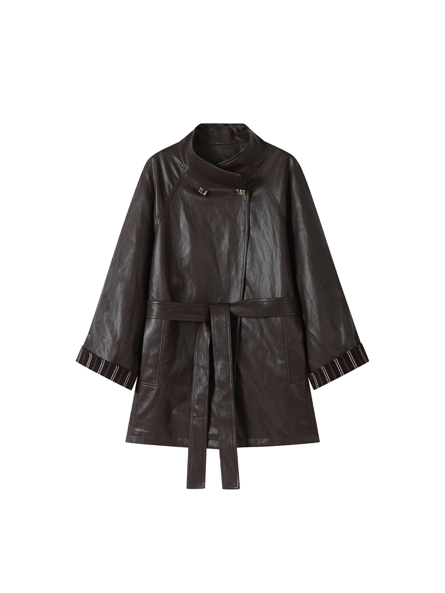 Binguo vintage listra flip-sve gola de couro jaet feminino fino ajuste outono cintura-entretendo casaco corta-vento