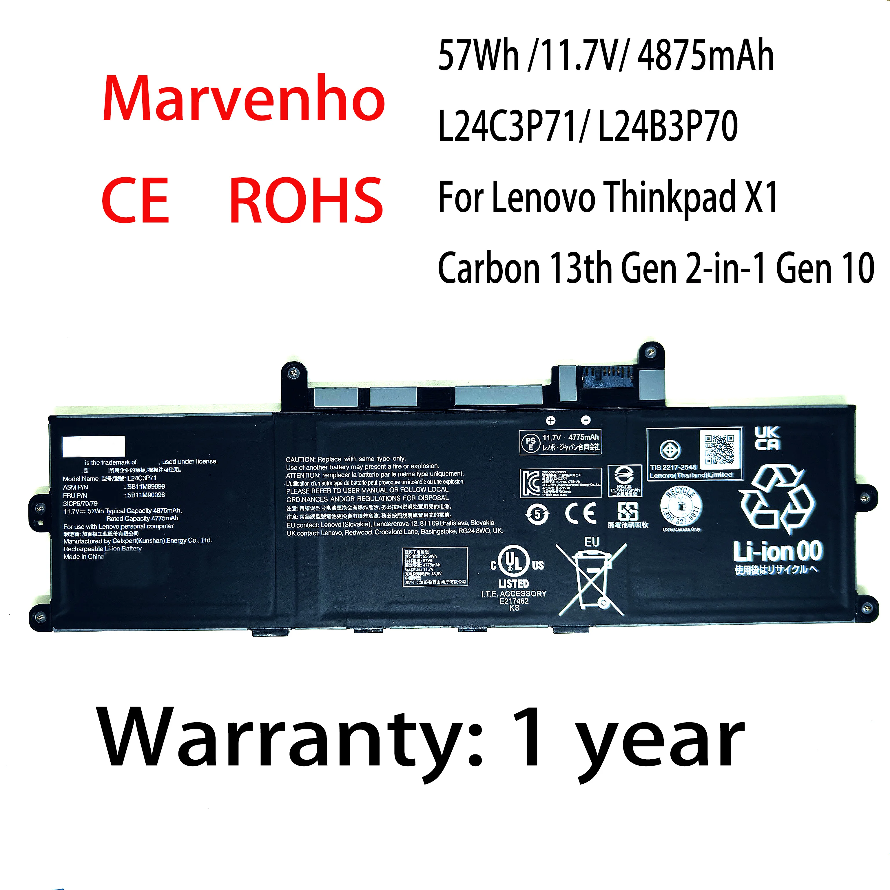 New Marvenho 57Wh 11.7V 4875mAh L24C3P71 L24B3P70 Laptop Battery For Lenovo Thinkpad X1 Carbon 13th Gen 2-in-1 Gen 10