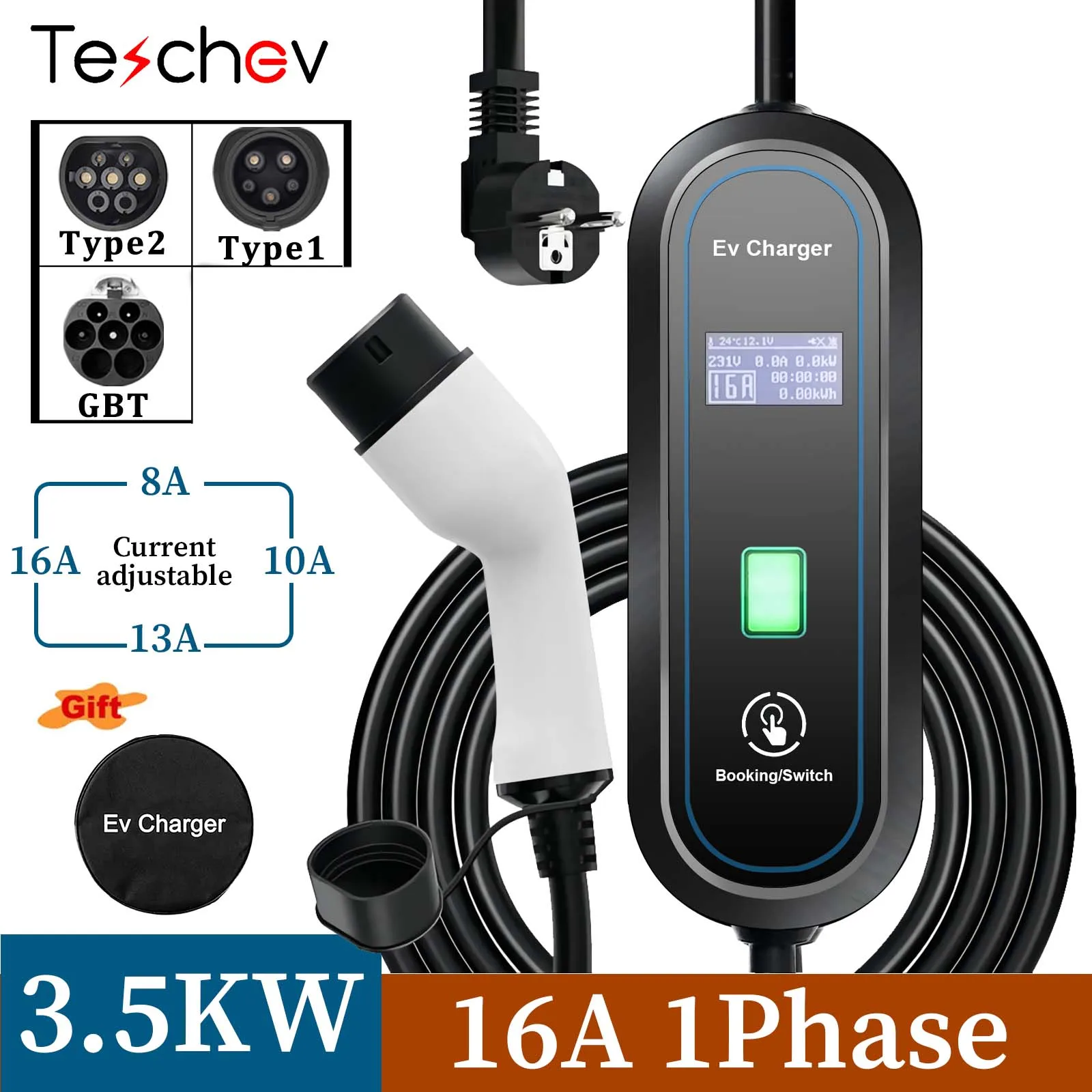 Teschev 3.5KW Portable EV Charger Type 1 J1772 Car Fast Charger 16A Type2 / GB/T Adjustable Wallbox EVSE Charger Station