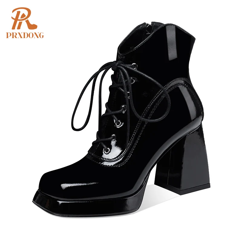 Women\'s Shoes 2022 New Autumn Winter Warm Ankle Boots Genuine Cow Leather Chunky High Heels Platform Black Working Short Boots 8