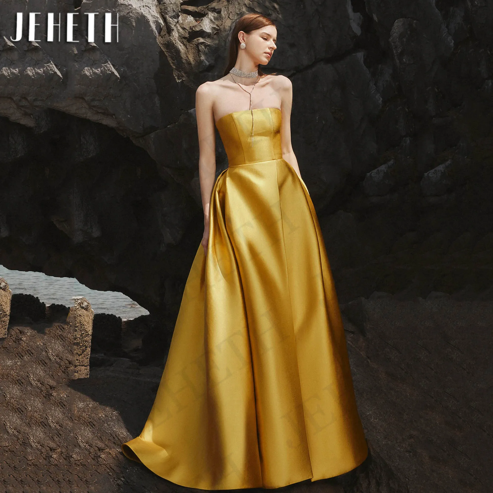 JEHETH Gold Simple Evening Dresses For Women 2024 Elegant A Line Satin Split Wedding Guest Dress kleider für besondere anlässe