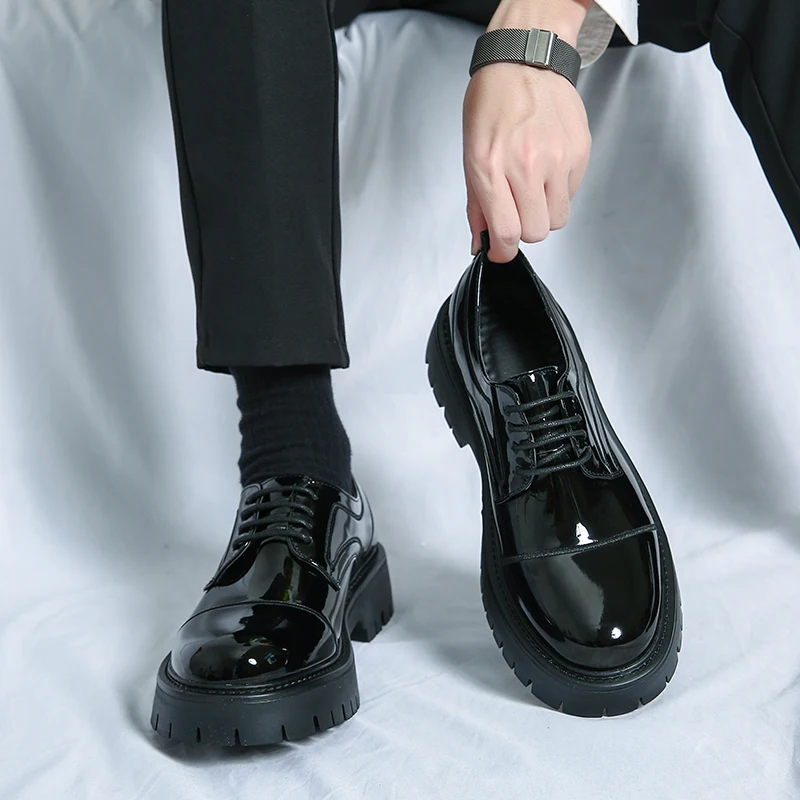 New Black Thick Soled Shoes Platform Men Shoes Round Toe Solid Lace-up Green Mens Dress Shoes