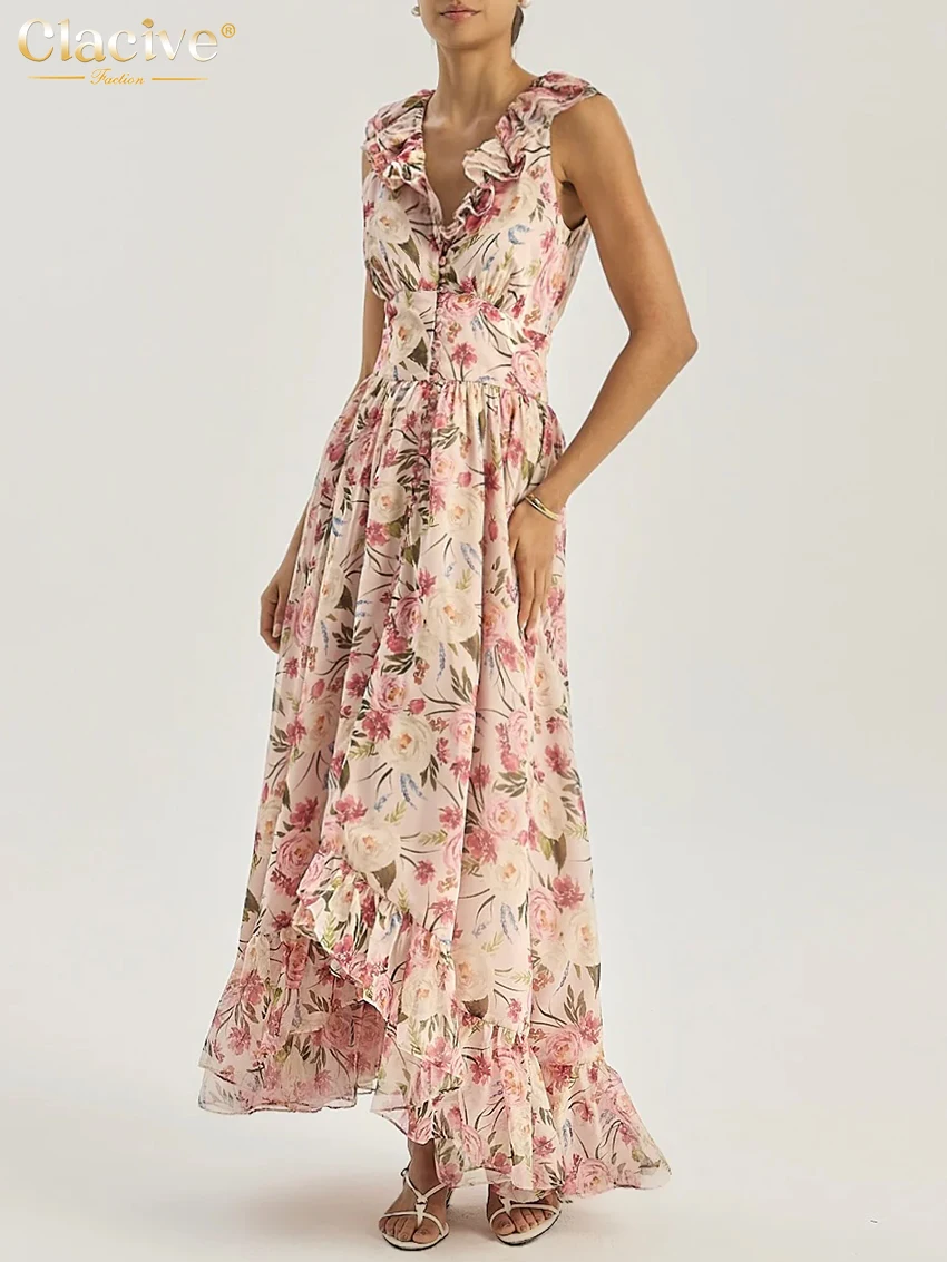 

Clacive Sexy Loose Print Women Dress 2026 Summer V-Neck Sleeveless Ankle Length Dresses Elegant High Waist Pleated Female Dress