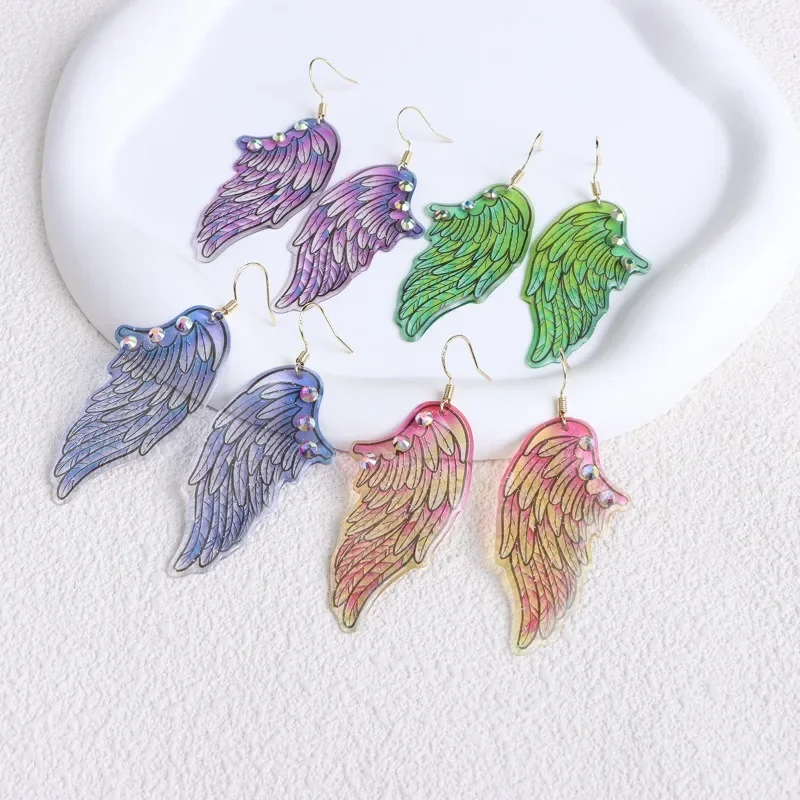Minar Unique Design Multicolor Print Resin Rhinestones Angel Wings Feather Dangle Earrings for Women Wholesale Holiday Jewelry