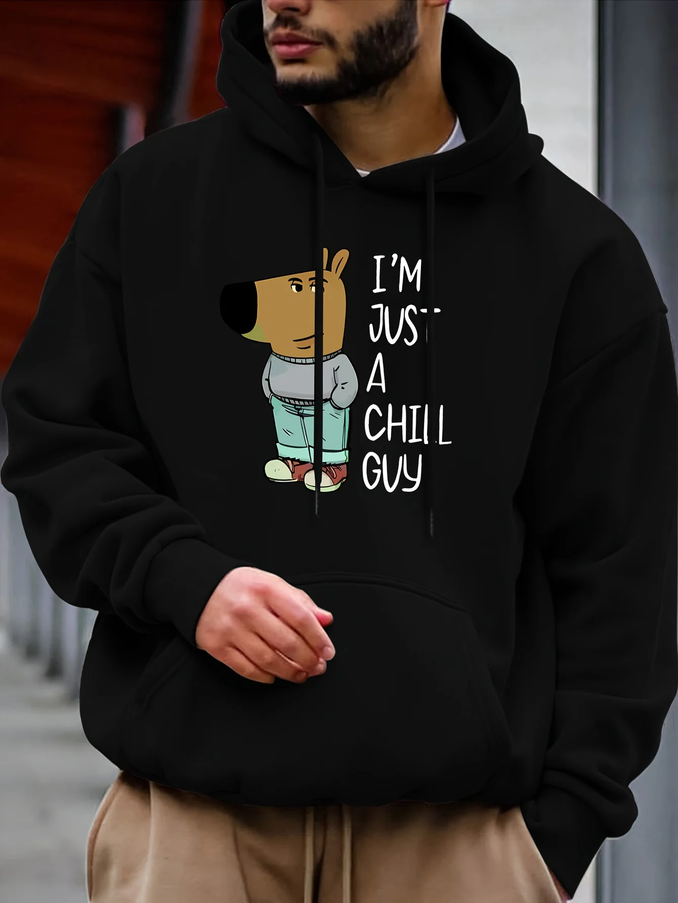 

Men's Casual Hooded Sweatshirt with "I'm Just A Chill Guy" Graphic Print - Soft Red Pullover, Relaxed Fit, Machine Washable