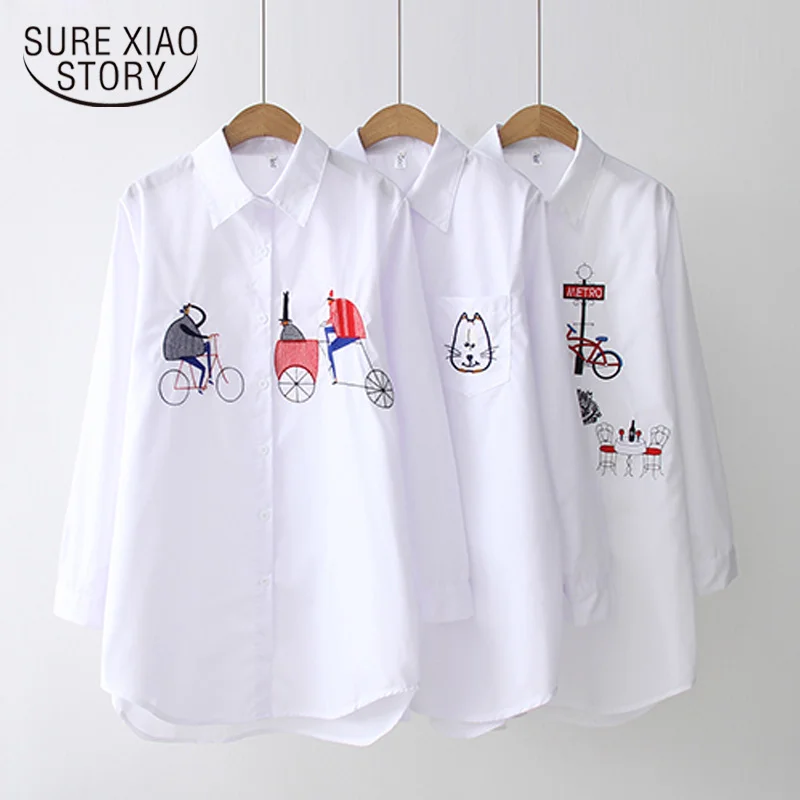 New White Women Blouse 2023 Long Sleeve Cotton Embroidery Blouse Lady Casual Button Design Turn Down Collar Female Shirt 5083