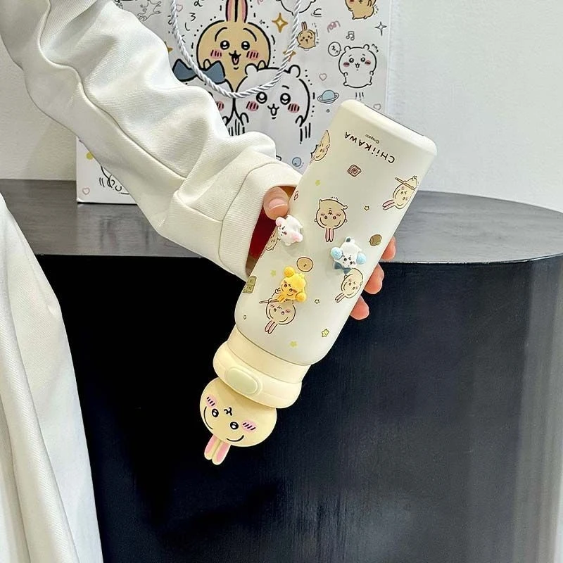 Kawaii Chiikawa Water Bottle Cute Insulated Tumbler with 3D Usagi and Chiikawa Topper Perfect for Daily Use