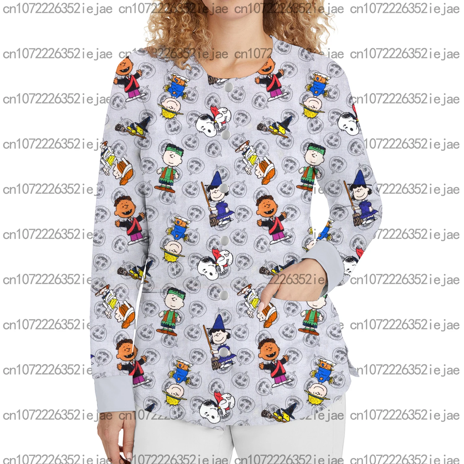 여성 캐주얼 간호복 싱글 브레스티드 프린트 가디건 만화 스누피 탑 라운드 넥 재킷 간호 작업복