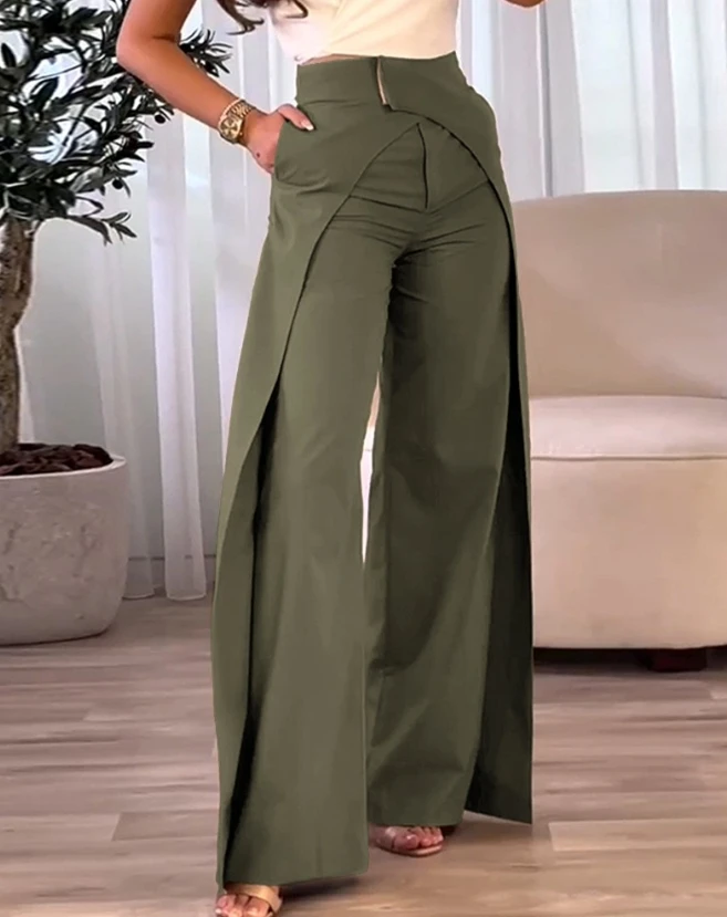 

Женские брюки 2024, летние свободные однотонные Асимметричные широкие брюки с высокой талией и перекрестными вставками, уличные