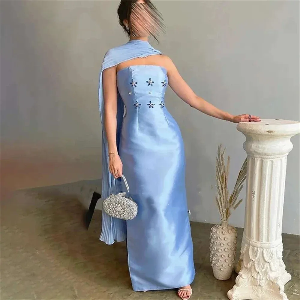 Blue Satin Prom Dresses Mermaid Strapless Beading Elegant Off Shoulder Stone Split Open Back Evening Gown For Women