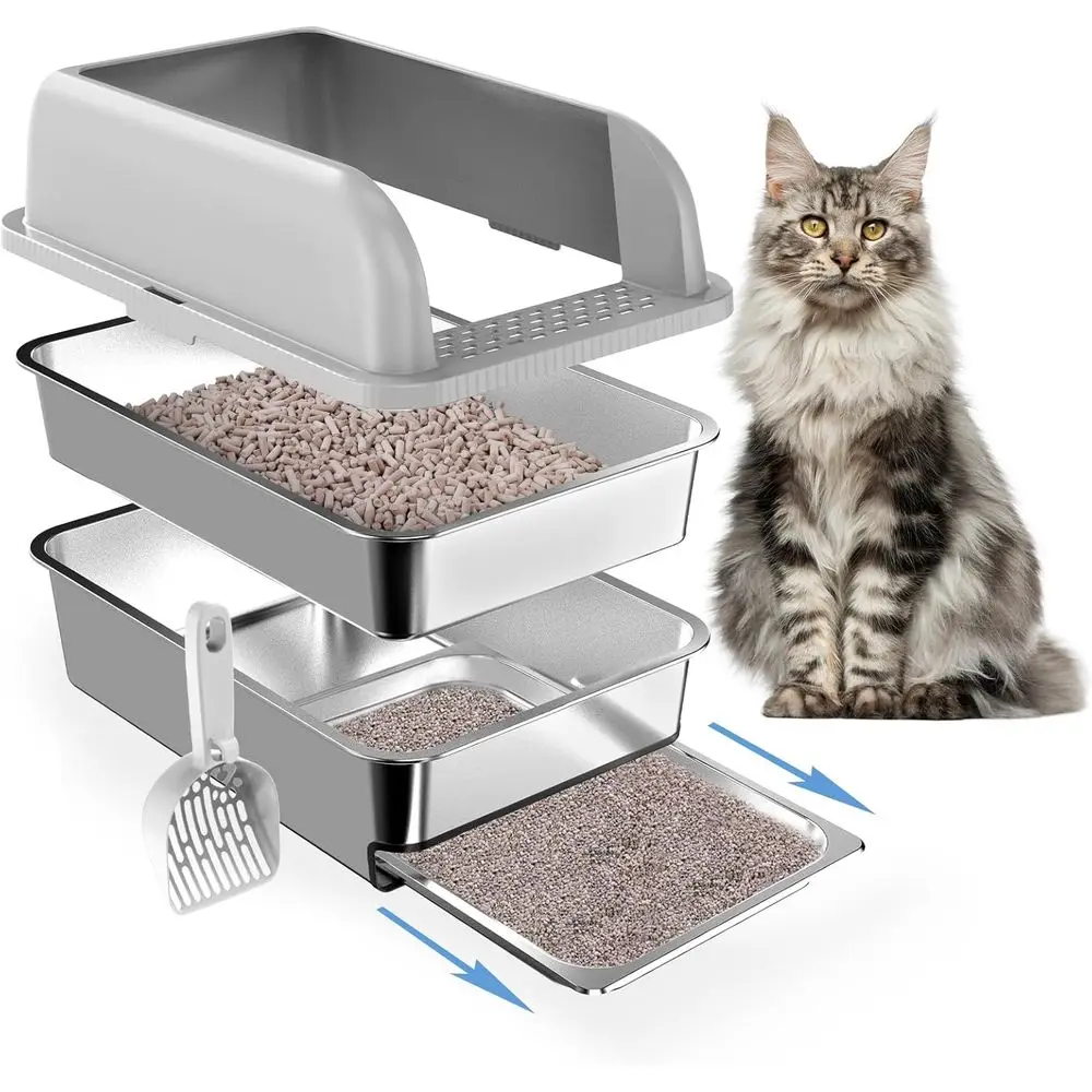 

23.6x15.7x6 Enclosed Stainless Steel Litter Box with Lid, XL Sifting Litter Box or Pine Pellets with Removable Deck Pan for Easy