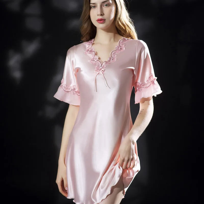 Women's Pyjamas Silk Sleepwear Sexy Lace Thin Silky Satin Summer Women Nightgowns for Sleeping Home Service Can Be Worn Outside