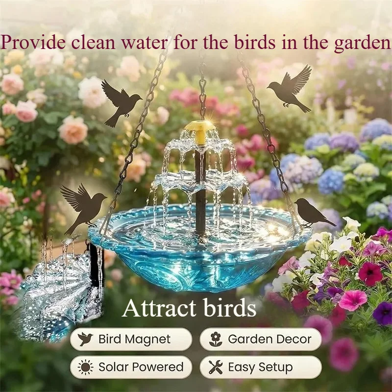 Fuente Solar Colgante para Baño de Pájaros con Cascada, Comedero para Pájaros Silvestres y Colibríes, Decoración para Jardín y Patio