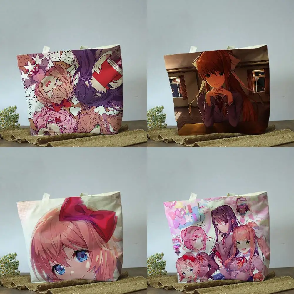 Image of Yuri Natsuki Monika DDLC Sayori Schlichte Beige Baumwoll-Polyester-Leinwand Schultertasche für Einkauf & Reisen