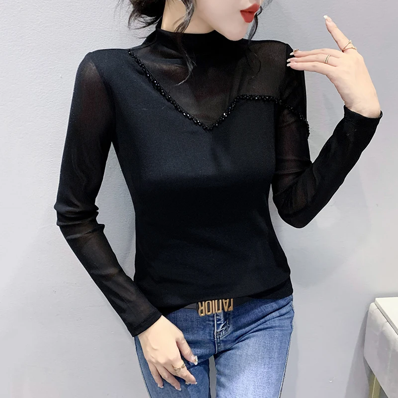 

New Korean Fashion Casual Mesh See-through Splicing Hot Fix Woman Tshirts Women Sexy Tops Female Ladies Slim Clothes BPy9920-A