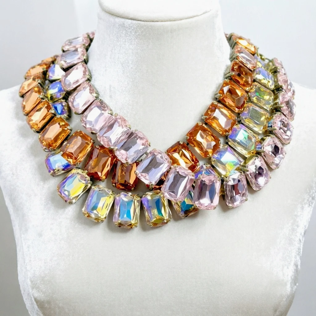 Luxury Classic Shiny Pink Champagne Crystal Necklace Ladies Adjustable Square Large Glass Clavicle Chain Fashion Jewelry