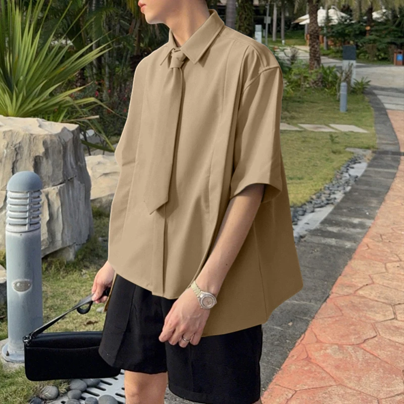 INCERUN Men Irregular Shirt Solid Lapel Short Sleeve Loose Men Clothing With Tie Streetwear 2026 Korean Style Fashion Shirts Men