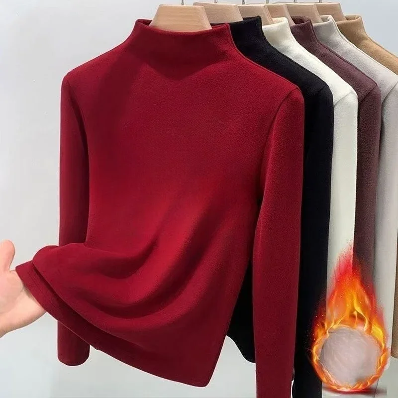 

1pcs Women Autumn Winter Thickening Warm Long-sleeved T-shirt Half High Collar Thermal Underwear Fashion Slim Thermal Top